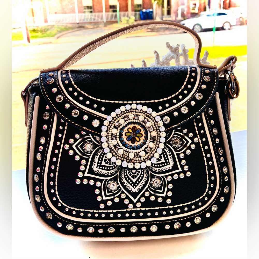 Montana West Black Crossbody Bag with White and Metallic Accents